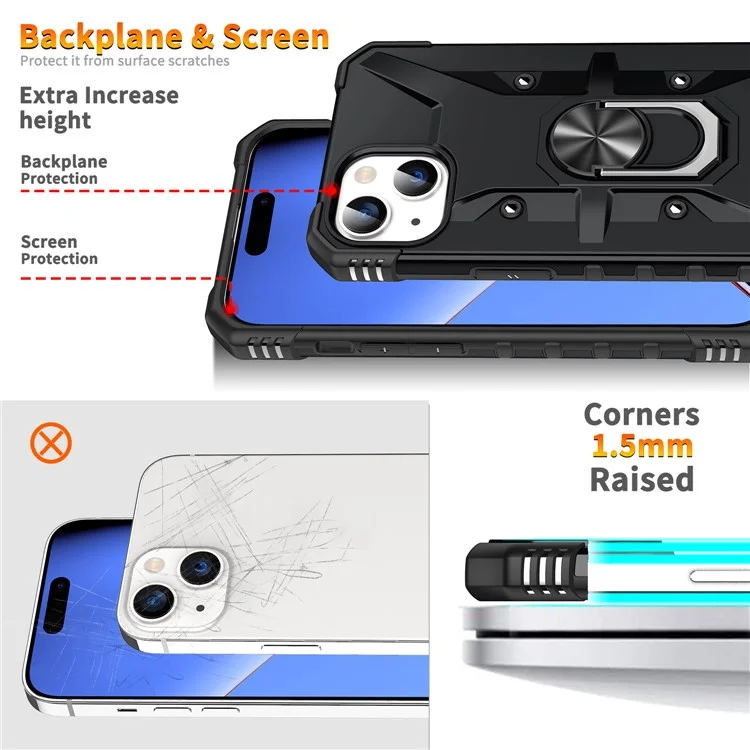 For iPhone 15 Plus Kickstand Case Work with Magnetic Car Mount PC+ TPU Phone Cover - Black