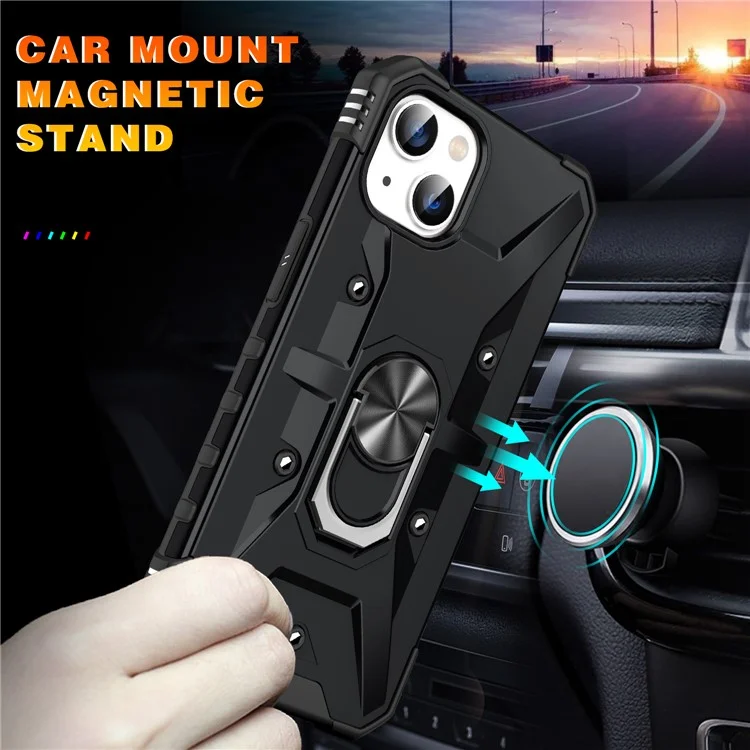 For iPhone 15 Plus Kickstand Case Work with Magnetic Car Mount PC+ TPU Phone Cover - Black