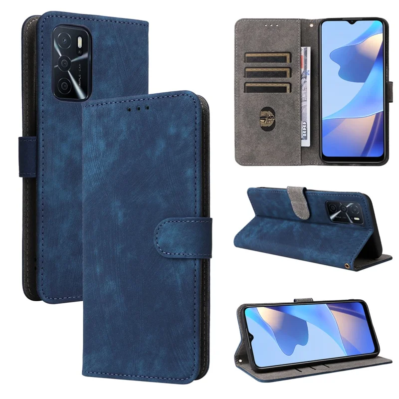 For Oppo A16 / A16s / A54 4G / A55 / A55 5G / A53s 5G / A54s Stand Phone Cover RFID Blocking Wallet Leather Case with Strap - Blue