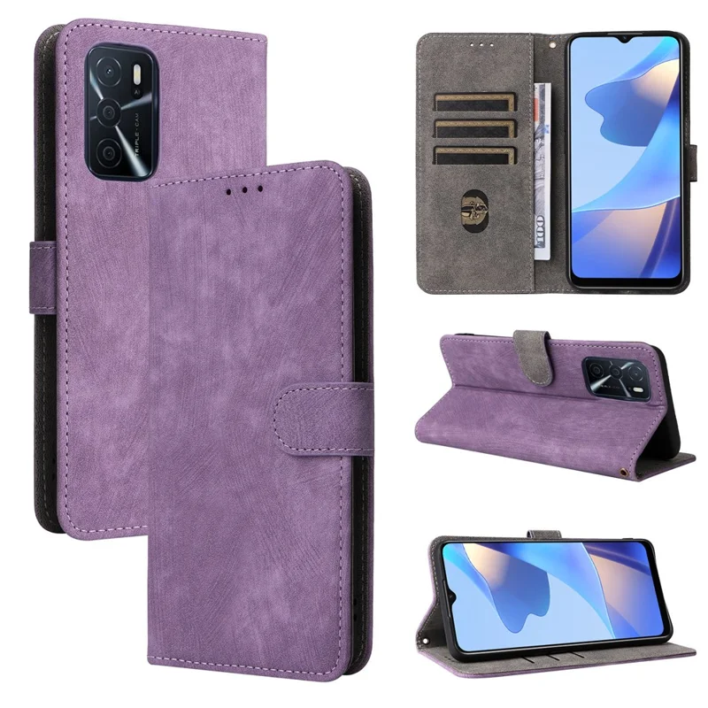 For Oppo A16 / A16s / A54 4G / A55 / A55 5G / A53s 5G / A54s Stand Phone Cover RFID Blocking Wallet Leather Case with Strap - Purple