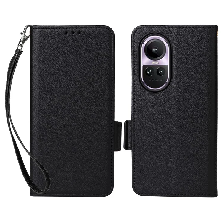 Funda de Cartera a Prueba de Golpes para Oppo Reno10 5G CPH2531 (Global) / Reno10 Pro 5G CPH2525 (Global) Textura de Piel de Litchi Cuero de PU Flip Stand Cover con Correa - Negro