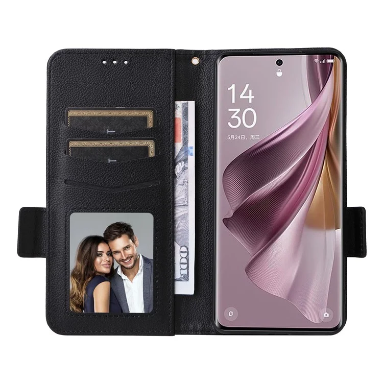Funda de Cartera a Prueba de Golpes para Oppo Reno10 5G CPH2531 (Global) / Reno10 Pro 5G CPH2525 (Global) Textura de Piel de Litchi Cuero de PU Flip Stand Cover con Correa - Negro