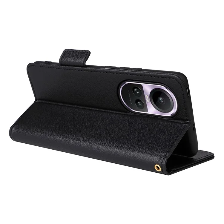 Funda de Cartera a Prueba de Golpes para Oppo Reno10 5G CPH2531 (Global) / Reno10 Pro 5G CPH2525 (Global) Textura de Piel de Litchi Cuero de PU Flip Stand Cover con Correa - Negro