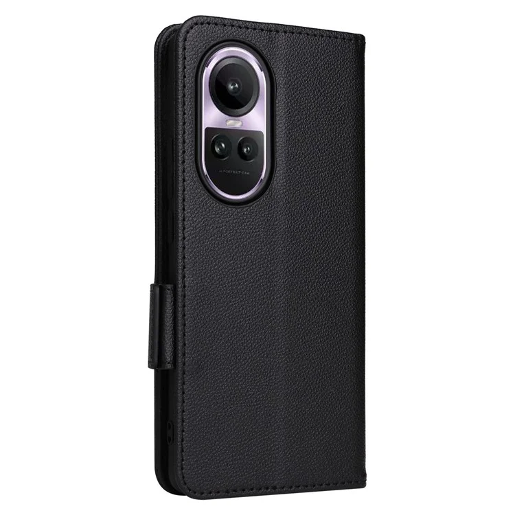 Funda de Cartera a Prueba de Golpes para Oppo Reno10 5G CPH2531 (Global) / Reno10 Pro 5G CPH2525 (Global) Textura de Piel de Litchi Cuero de PU Flip Stand Cover con Correa - Negro