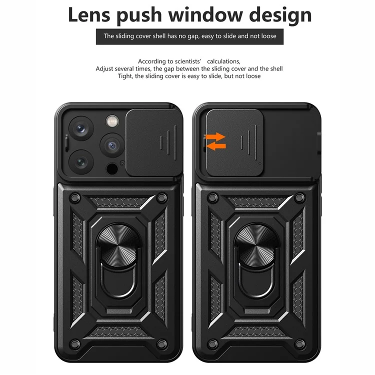 Per iPhone 15 Pro Anti-Dust Cell Phone Case PC+TPU Kickstand Camera Lens Slide Cover Phone Shell - Nero