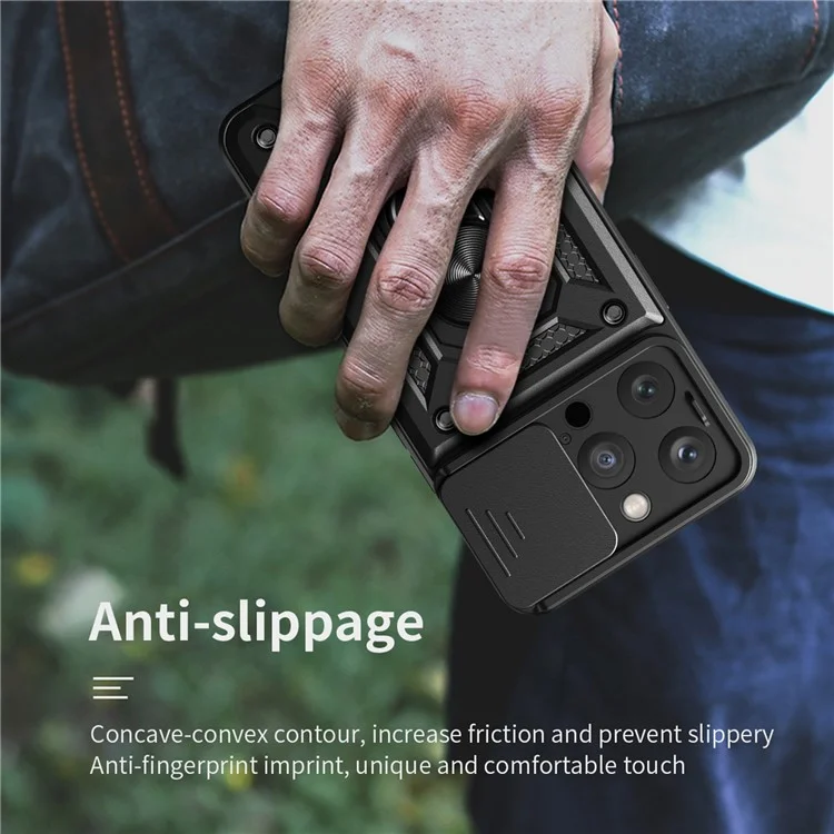 Per iPhone 15 Pro Anti-Dust Cell Phone Case PC+TPU Kickstand Camera Lens Slide Cover Phone Shell - Nero