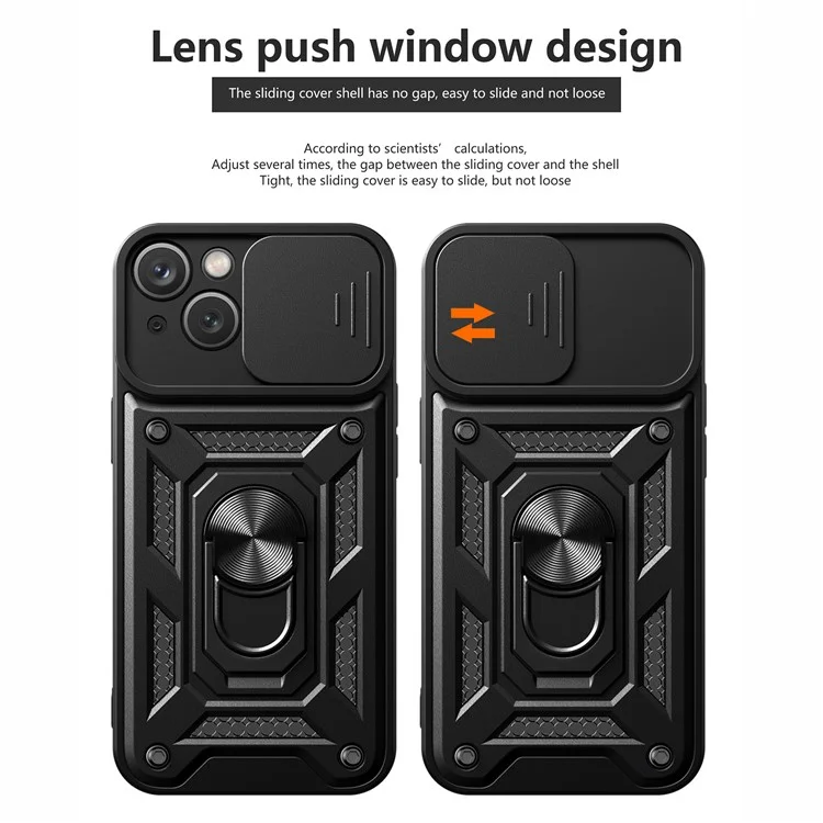 Per iPhone 15 Slide Camera Lens Cover Shockproof Mobile Phone Case PC+TPU Kickstand Phone Shell - Nero