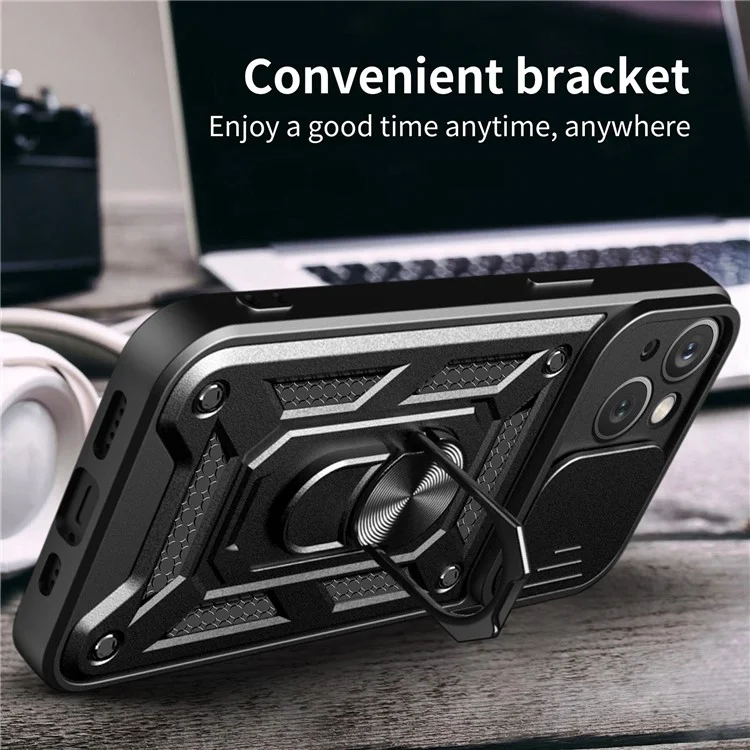 Per iPhone 15 Slide Camera Lens Cover Shockproof Mobile Phone Case PC+TPU Kickstand Phone Shell - Nero