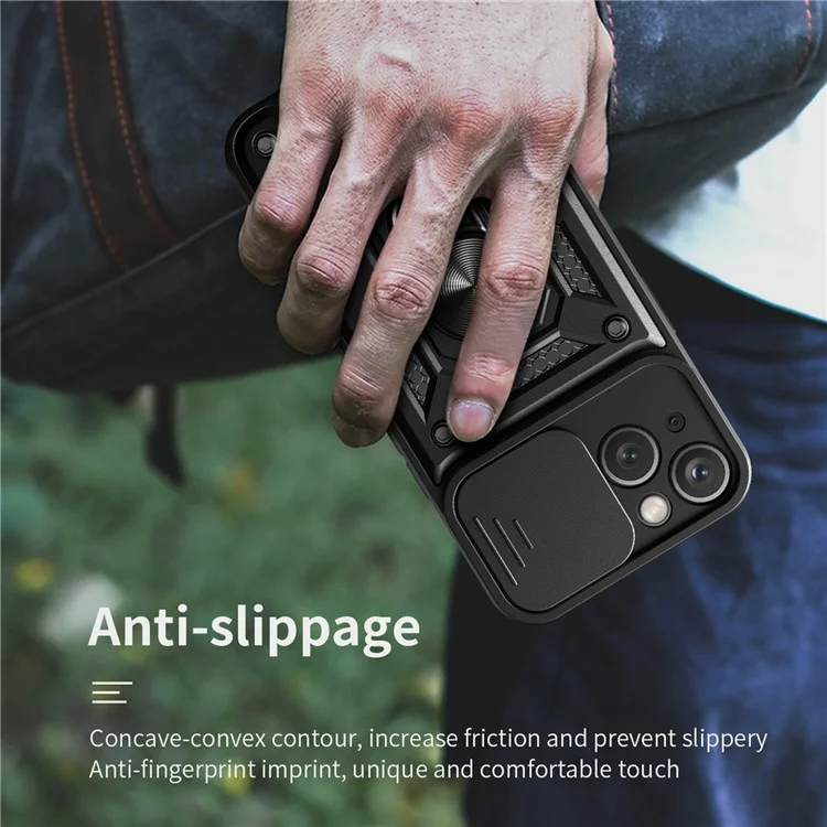 Per iPhone 15 Slide Camera Lens Cover Shockproof Mobile Phone Case PC+TPU Kickstand Phone Shell - Nero