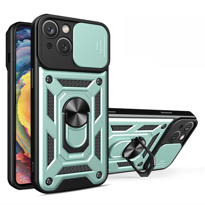 For iPhone 15 Slide Camera Lens Cover Shockproof Mobile Phone Case PC+TPU Kickstand Phone Shell - Green