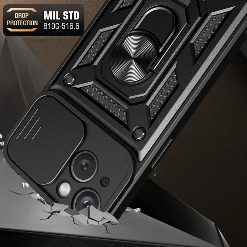 For iPhone 15 Plus Anti-Fingerprint Phone Case PC+TPU Kickstand Cover with Rear Lens Protection - Black