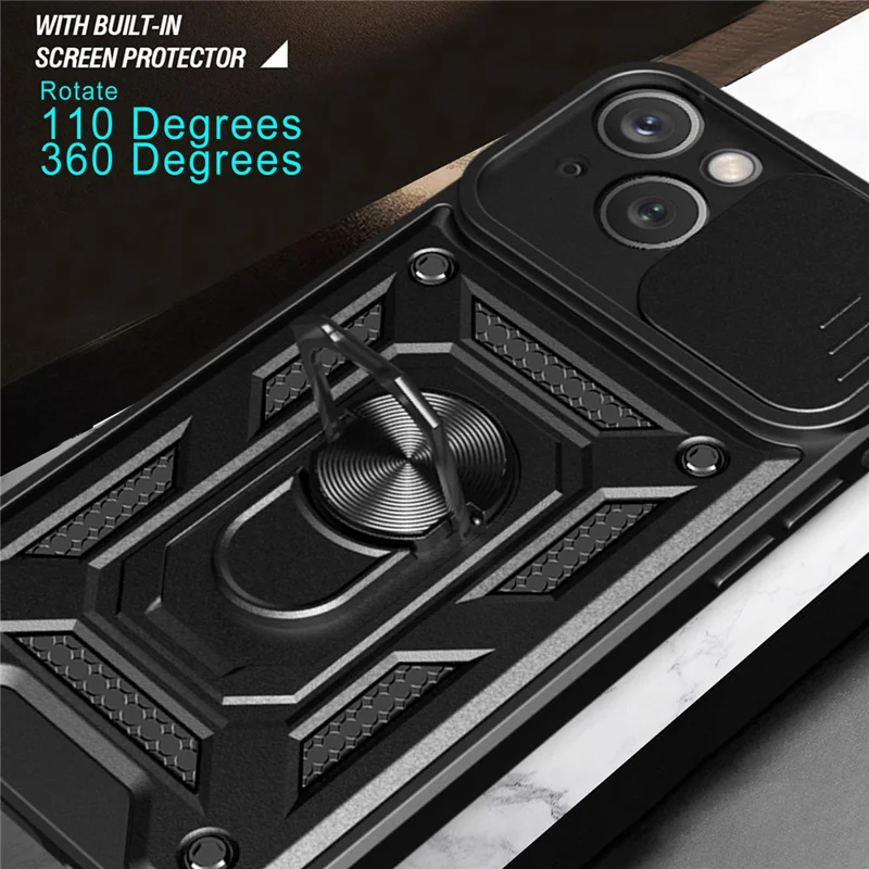 For iPhone 15 Plus Anti-Fingerprint Phone Case PC+TPU Kickstand Cover with Rear Lens Protection - Black