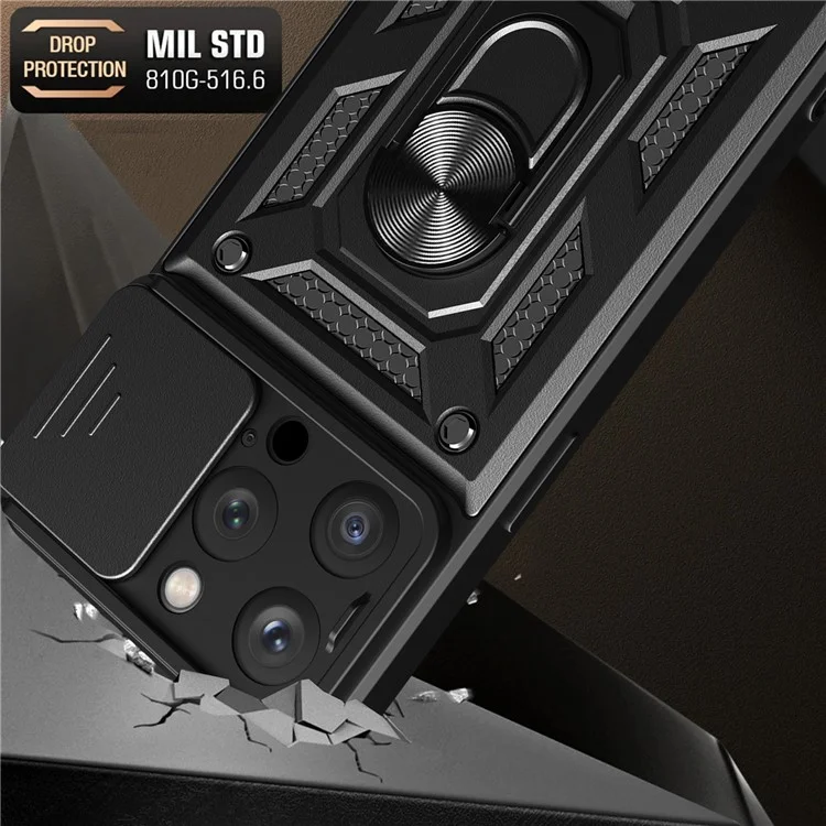 For iPhone 15 Pro Max Camera Lens Slide Design Phone Case PC+TPU Kickstand Cover - Black