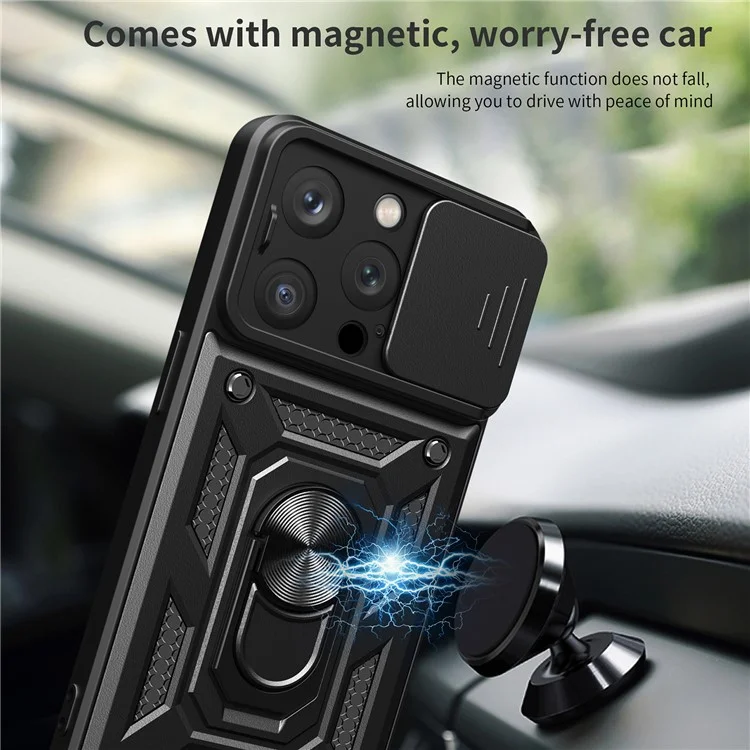 For iPhone 15 Pro Max Camera Lens Slide Design Phone Case PC+TPU Kickstand Cover - Black