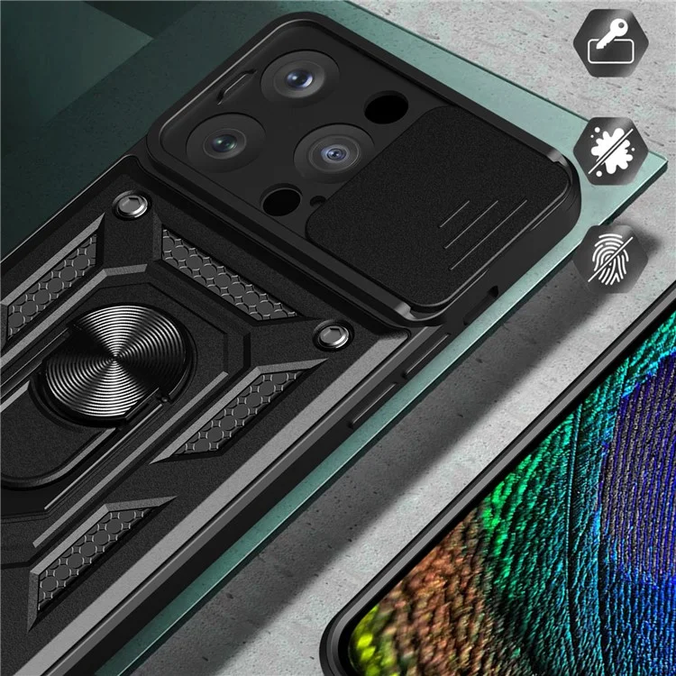 For iPhone 15 Pro Max Camera Lens Slide Design Phone Case PC+TPU Kickstand Cover - Black