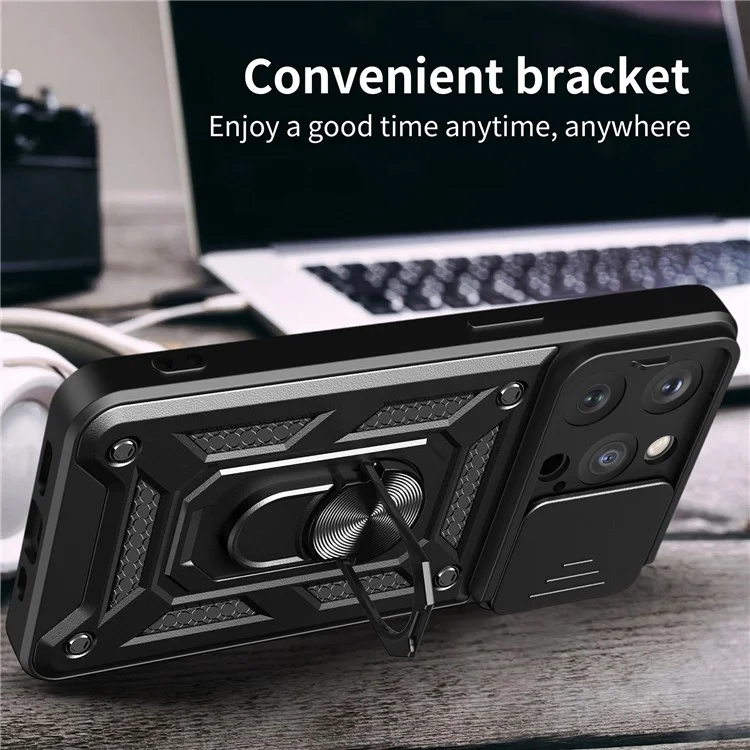 For iPhone 15 Pro Max Camera Lens Slide Design Phone Case PC+TPU Kickstand Cover - Black