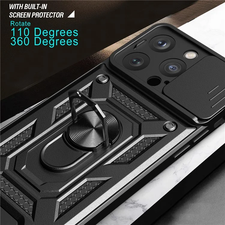 For iPhone 15 Pro Max Camera Lens Slide Design Phone Case PC+TPU Kickstand Cover - Black