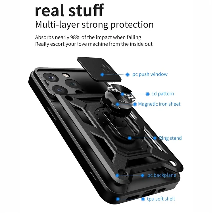 For iPhone 15 Pro Max Camera Lens Slide Design Phone Case PC+TPU Kickstand Cover - Black