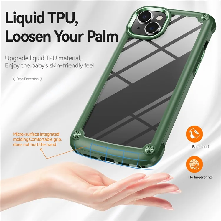 Sturzkrabbensicheres Handy-Gehäuse für iPhone 15 aus Legierung, Linsenrahmen PC+TPU Hybrid Backcover - Grün