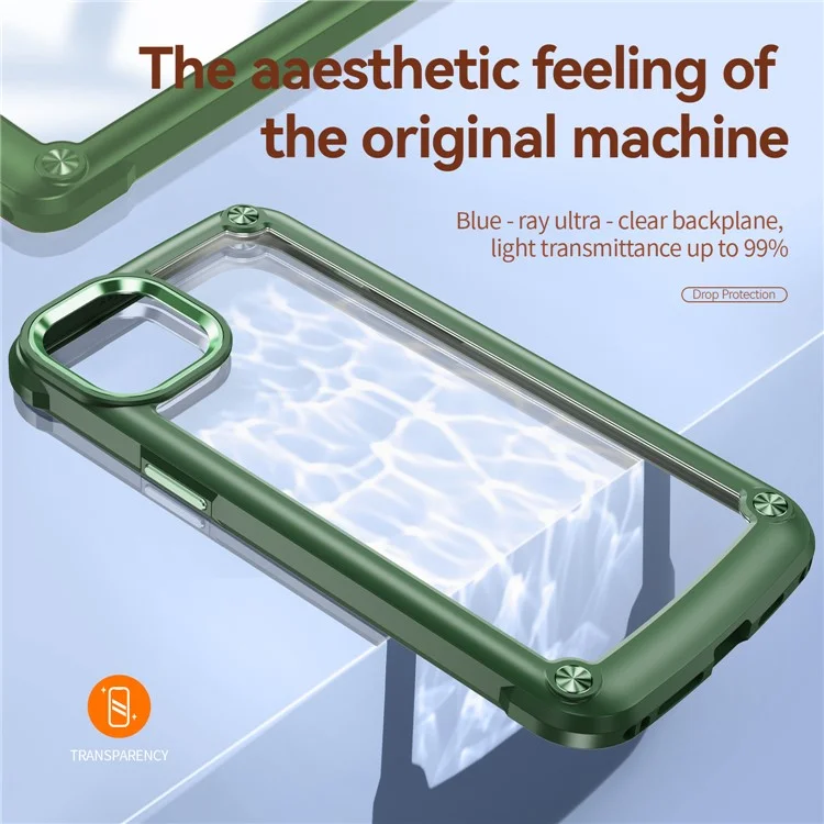 Sturzkrabbensicheres Handy-Gehäuse für iPhone 15 aus Legierung, Linsenrahmen PC+TPU Hybrid Backcover - Grün