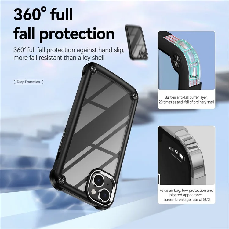 Shockproof Phone Case for iPhone 15 Plus Anti-Scratch PC+TPU Phone Cover with Alloy Lens Frame - Black