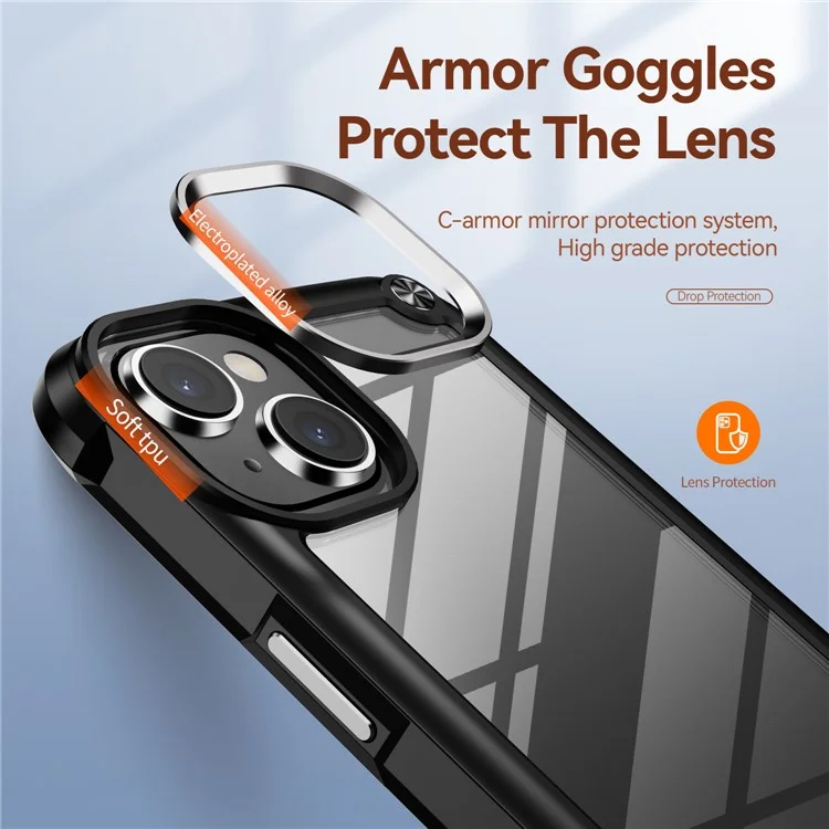Shockproof Phone Case for iPhone 15 Plus Anti-Scratch PC+TPU Phone Cover with Alloy Lens Frame - Black