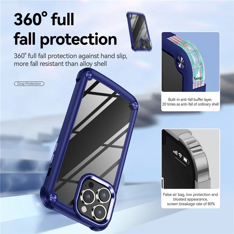 For iPhone 15 Pro Slim Case Shockproof PC+TPU Phone Case Alloy Lens Frame Hybrid Phone Cover - Blue