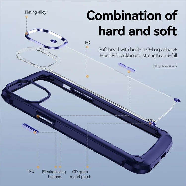 For iPhone 15 Pro Slim Case Shockproof PC+TPU Phone Case Alloy Lens Frame Hybrid Phone Cover - Blue
