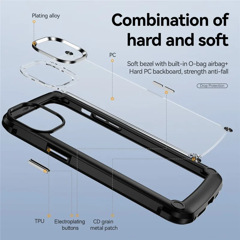 PC+TPU Phone Case for iPhone 15 Pro Max Anti-Drop Alloy Lens Frame Protective Phone Cover - Black