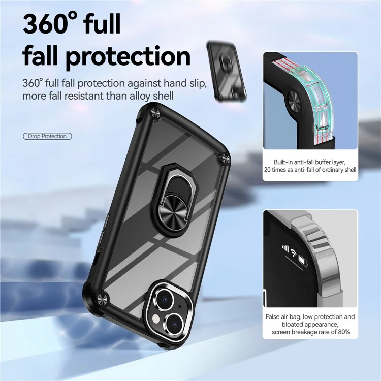 For iPhone 15 Plus Ring Kickstand Phone Case Alloy Lens Frame PC + TPU Protective Cover - Black