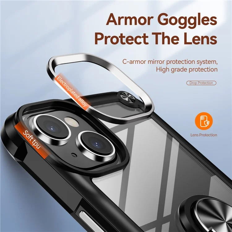 For iPhone 15 Plus Ring Kickstand Phone Case Alloy Lens Frame PC + TPU Protective Cover - Black