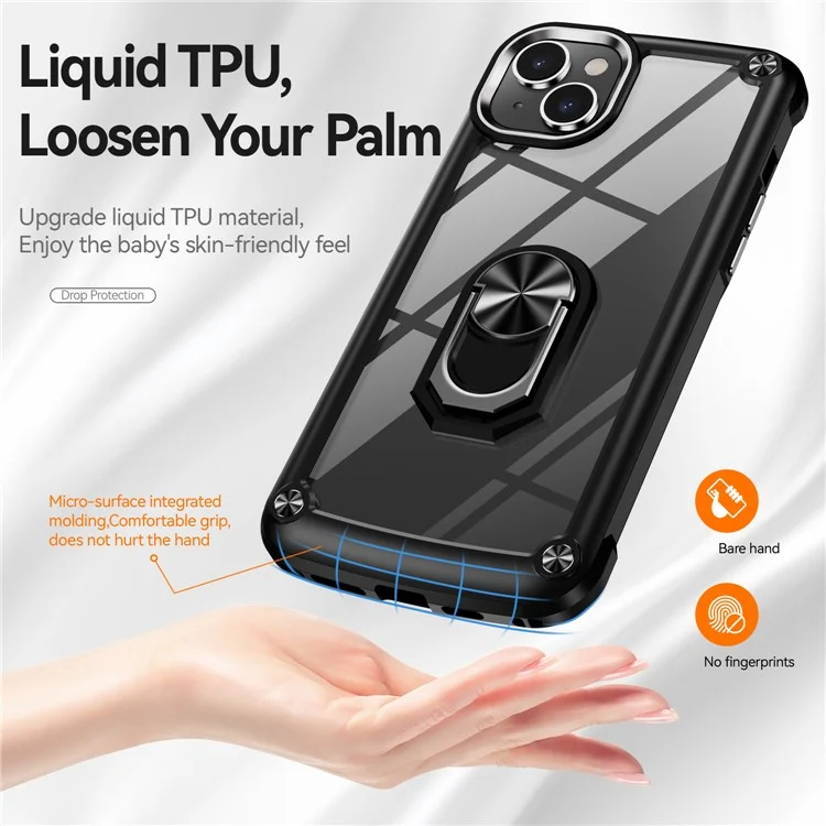 For iPhone 15 Plus Ring Kickstand Phone Case Alloy Lens Frame PC + TPU Protective Cover - Black