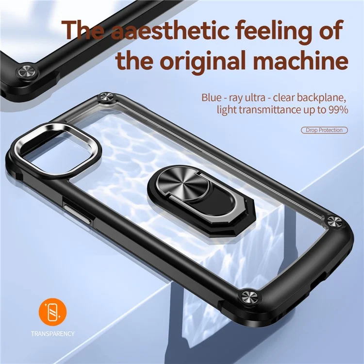 For iPhone 15 Plus Ring Kickstand Phone Case Alloy Lens Frame PC + TPU Protective Cover - Black