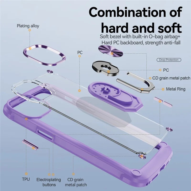 For iPhone 15 Plus Ring Kickstand Phone Case Alloy Lens Frame PC + TPU Protective Cover - Purple