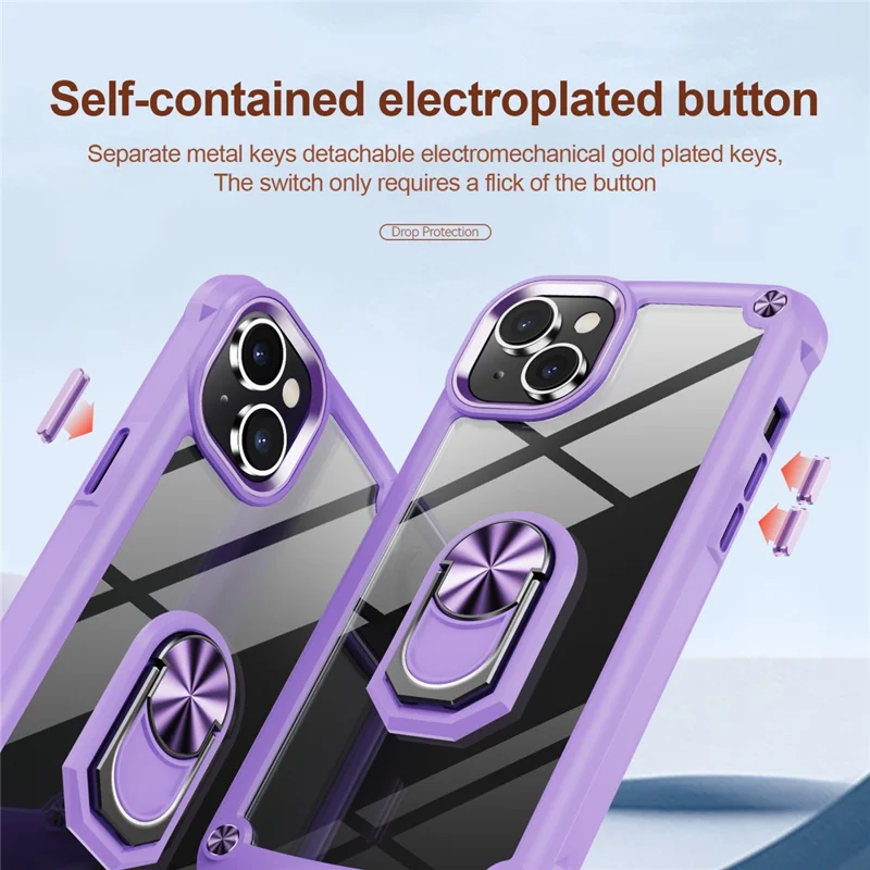 For iPhone 15 Plus Ring Kickstand Phone Case Alloy Lens Frame PC + TPU Protective Cover - Purple