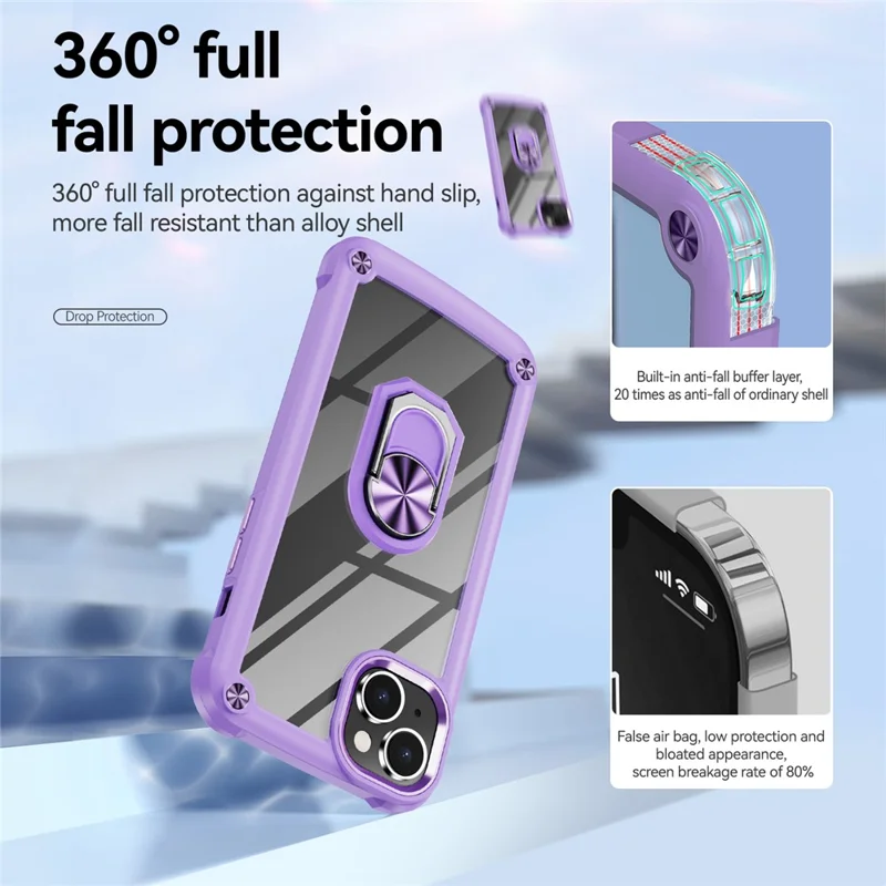 For iPhone 15 Plus Ring Kickstand Phone Case Alloy Lens Frame PC + TPU Protective Cover - Purple