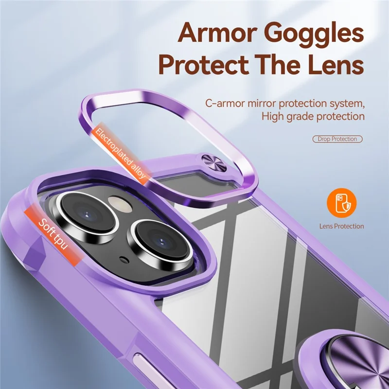 For iPhone 15 Plus Ring Kickstand Phone Case Alloy Lens Frame PC + TPU Protective Cover - Purple