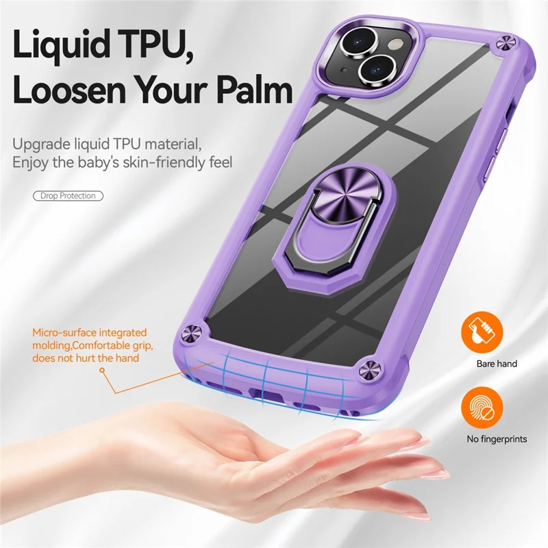 For iPhone 15 Plus Ring Kickstand Phone Case Alloy Lens Frame PC + TPU Protective Cover - Purple