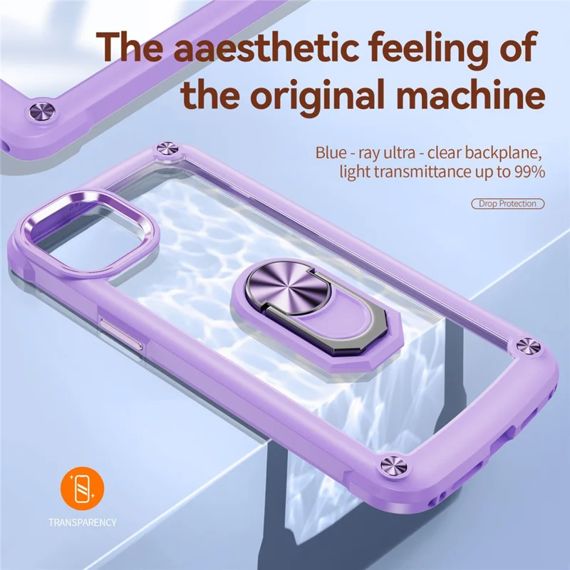 For iPhone 15 Plus Ring Kickstand Phone Case Alloy Lens Frame PC + TPU Protective Cover - Purple