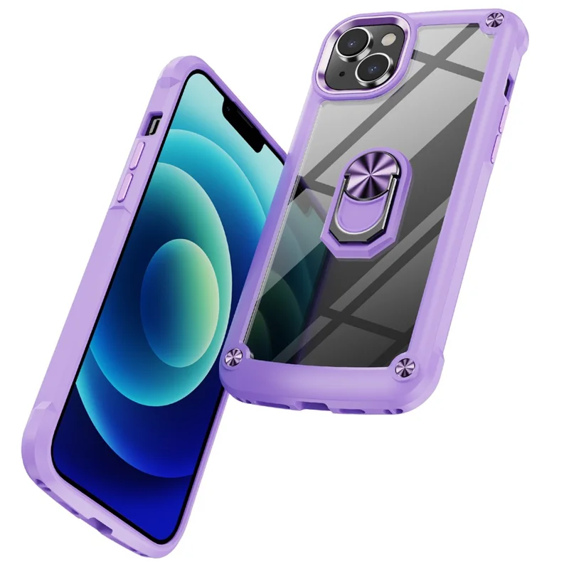 For iPhone 15 Plus Ring Kickstand Phone Case Alloy Lens Frame PC + TPU Protective Cover - Purple