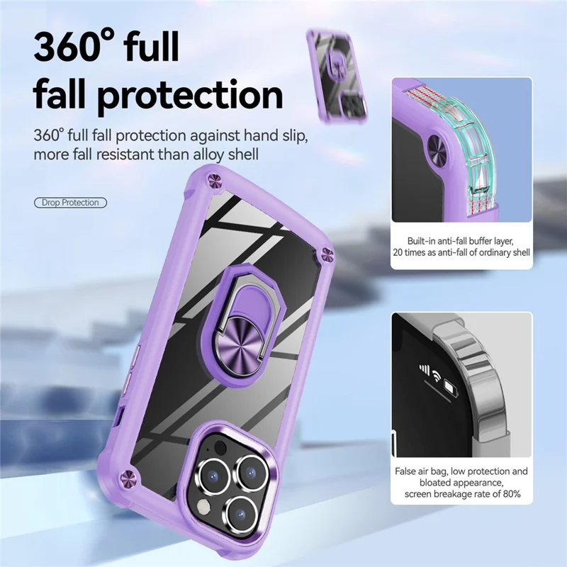 For iPhone 15 Pro Protective Kickstand Case Alloy Lens Frame PC + TPU Phone Cover - Purple