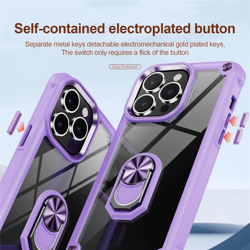 For iPhone 15 Pro Protective Kickstand Case Alloy Lens Frame PC + TPU Phone Cover - Purple