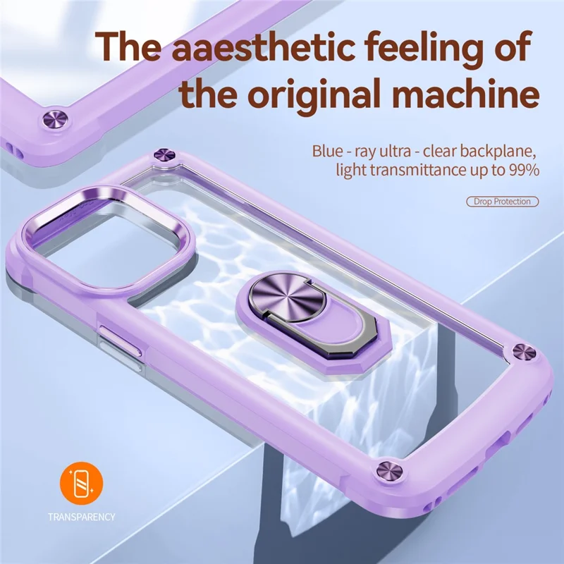 For iPhone 15 Pro Protective Kickstand Case Alloy Lens Frame PC + TPU Phone Cover - Purple