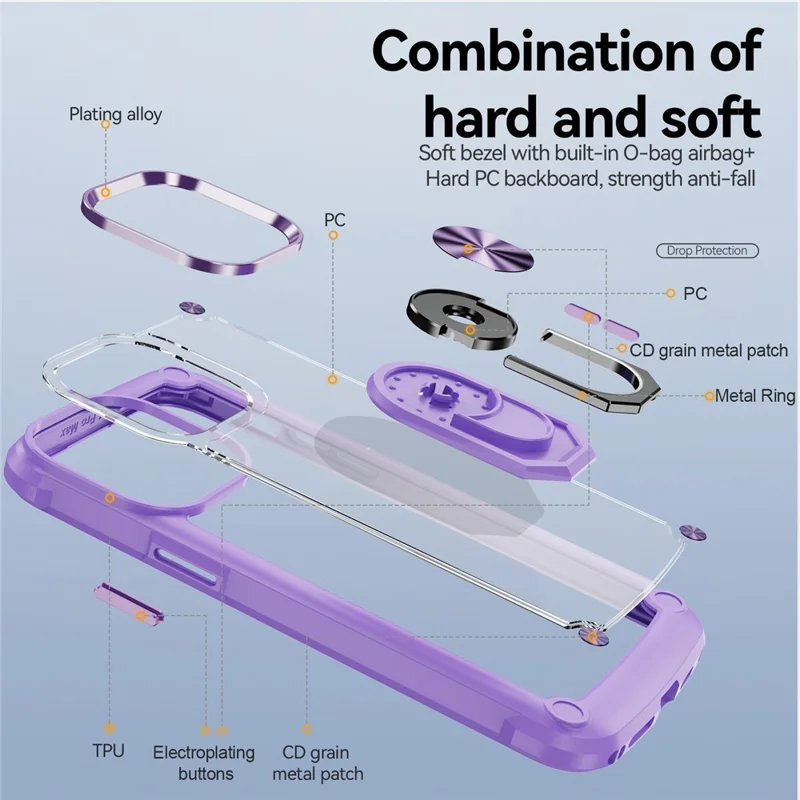 For iPhone 15 Pro Protective Kickstand Case Alloy Lens Frame PC + TPU Phone Cover - Purple