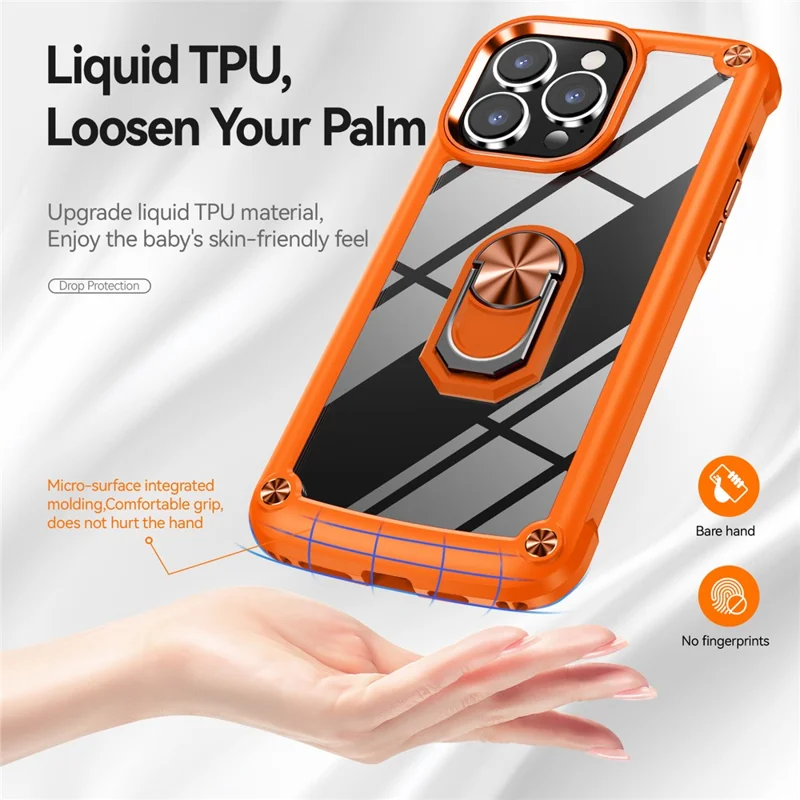 Para iPhone 15 Pro Protective Kickstand Case Alloy Lens Frame PC + TPU Phone Cover - Orange