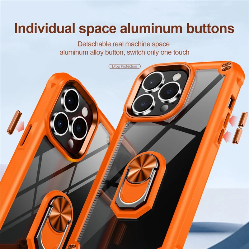 Para iPhone 15 Pro Protective Kickstand Case Alloy Lens Frame PC + TPU Phone Cover - Orange