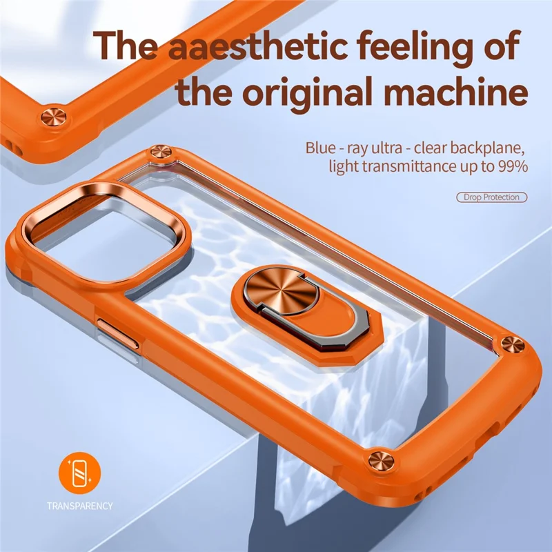 Para iPhone 15 Pro Protective Kickstand Case Alloy Lens Frame PC + TPU Phone Cover - Orange