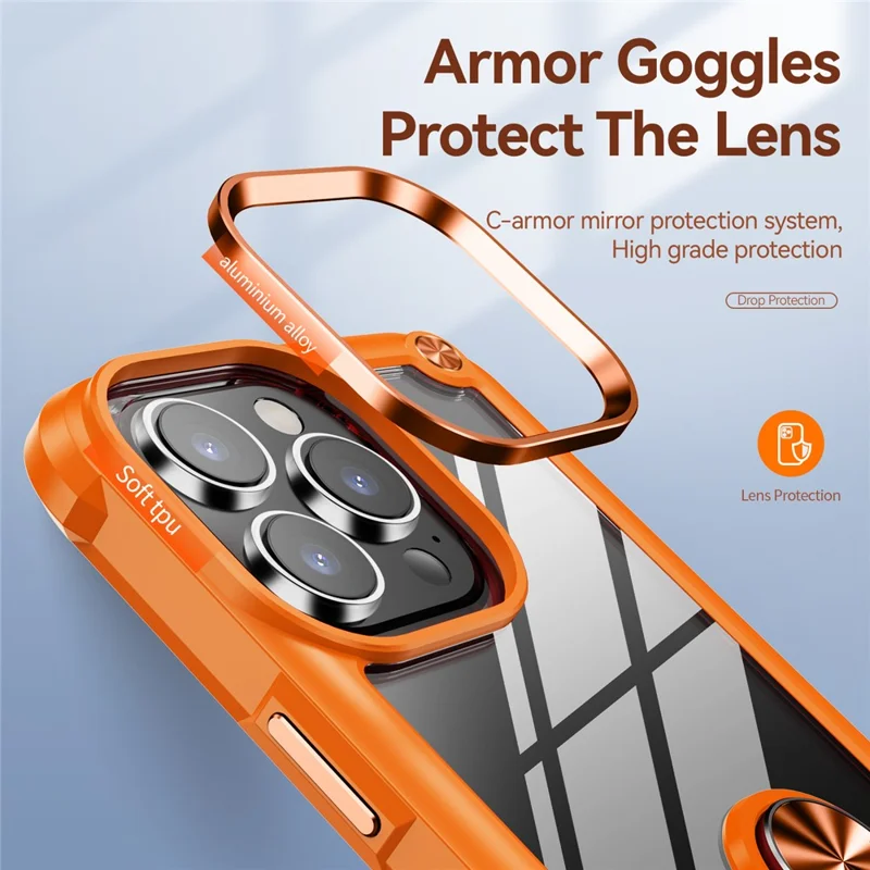 Para iPhone 15 Pro Protective Kickstand Case Alloy Lens Frame PC + TPU Phone Cover - Orange
