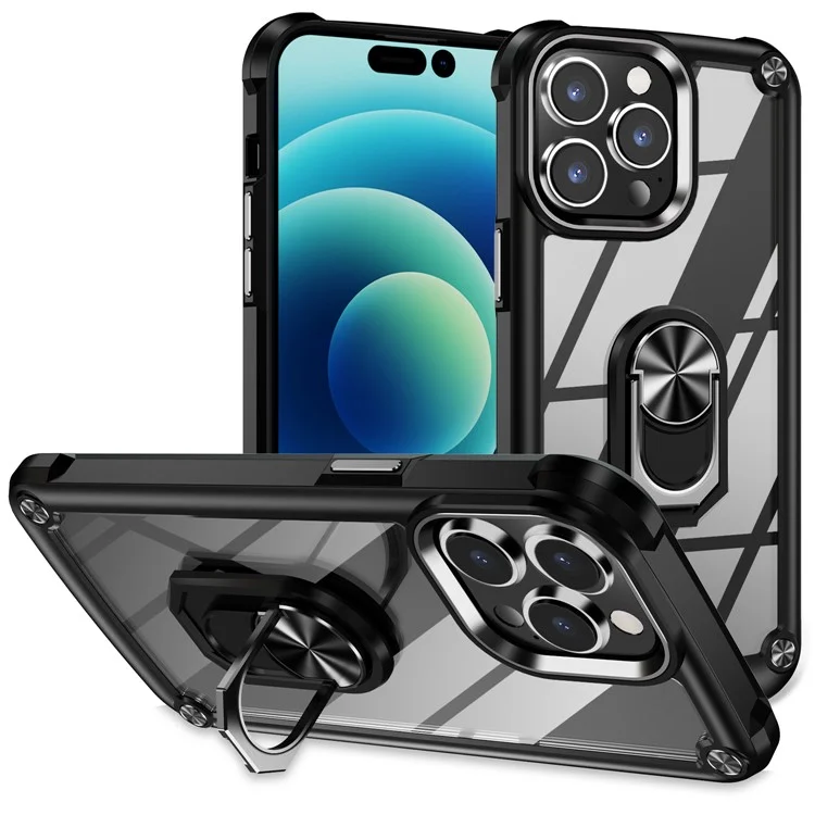 Anello Kickstand Case per iPhone 15 Pro Max Custodia Protettiva Telaio in Lega PC + TPU Cover per Telefono - Nero