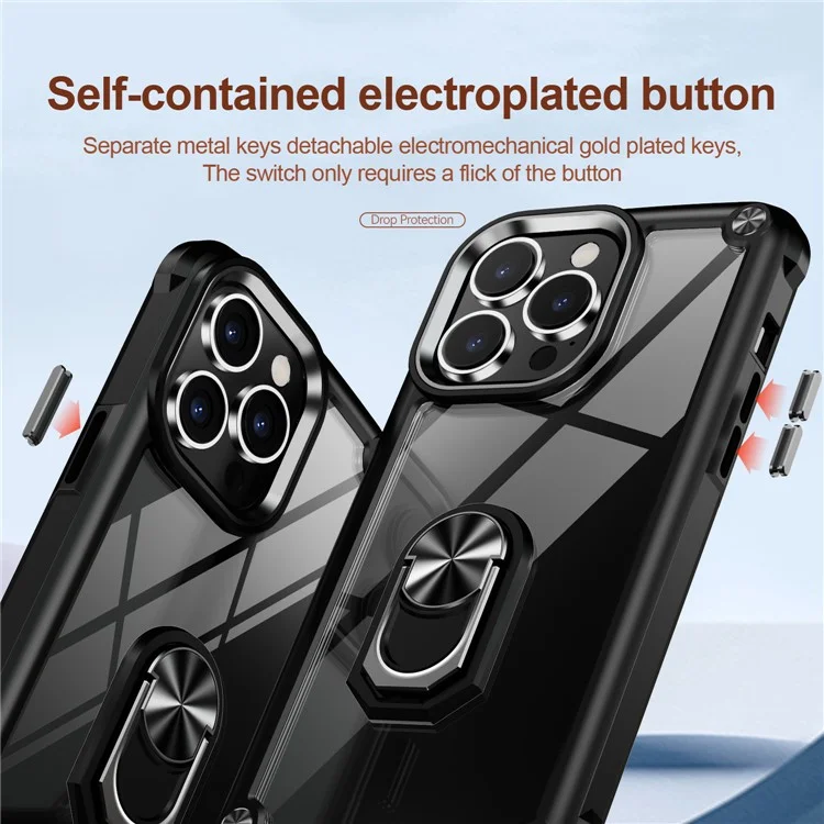 Anello Kickstand Case per iPhone 15 Pro Max Custodia Protettiva Telaio in Lega PC + TPU Cover per Telefono - Nero